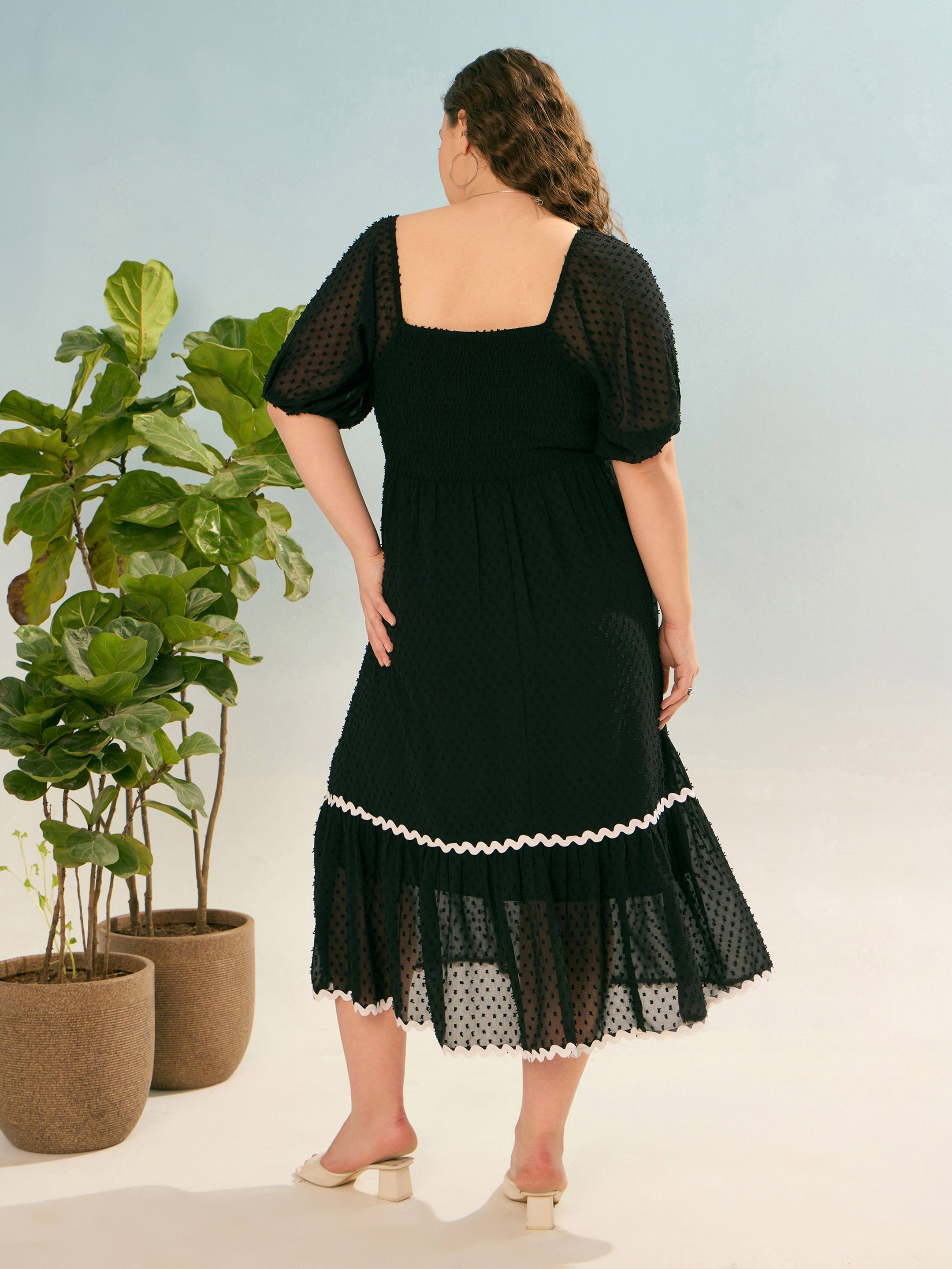 Women Black Dobby Back Smocking Midi Dress-SFDRSS12932