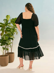 Women Black Dobby Back Smocking Midi Dress-SFDRSS12932