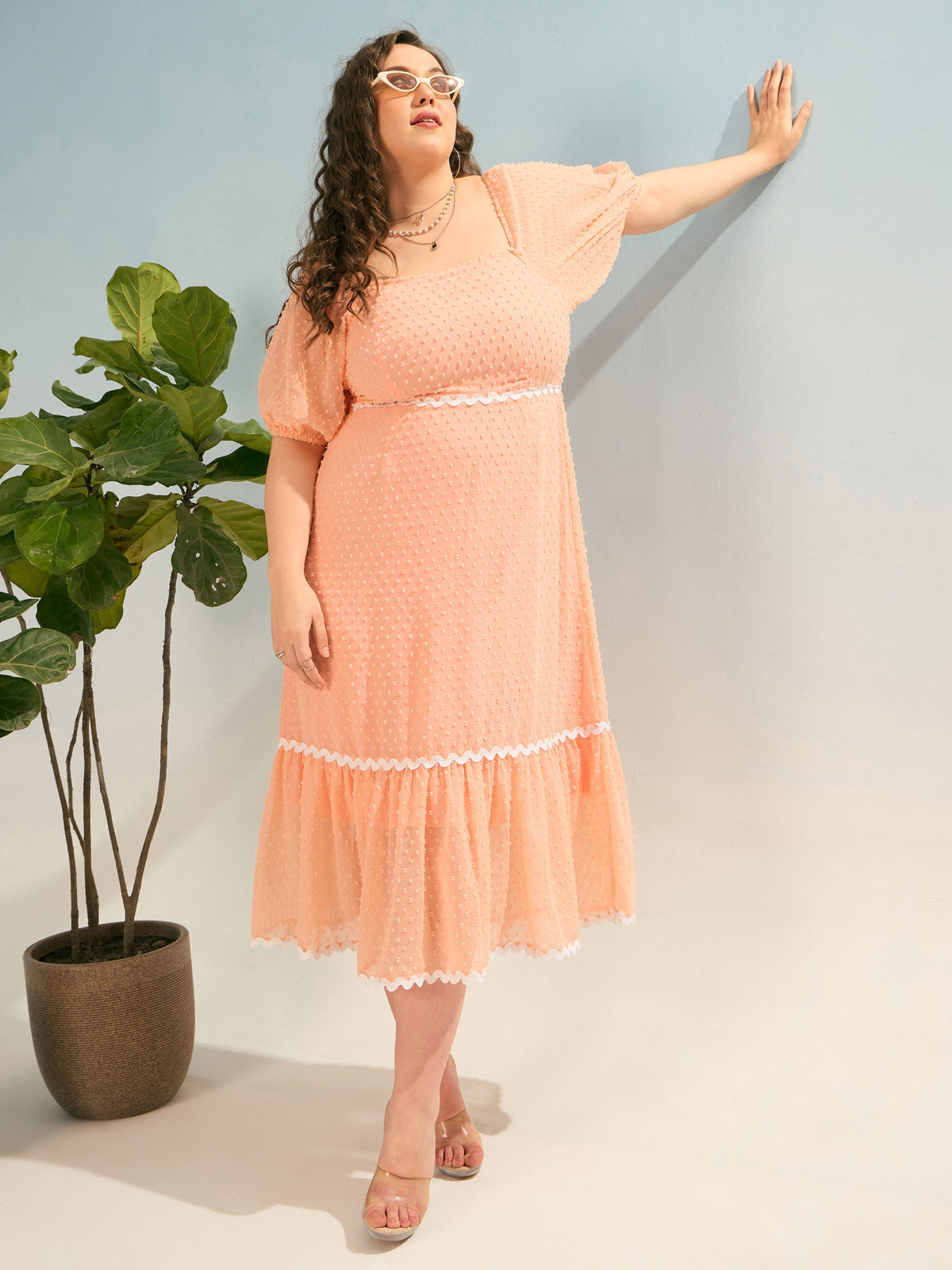 Women Peach Dobby Back Smocking Midi Dress-SFDRSS12933