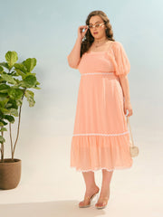 Women Peach Dobby Back Smocking Midi Dress-SFDRSS12933