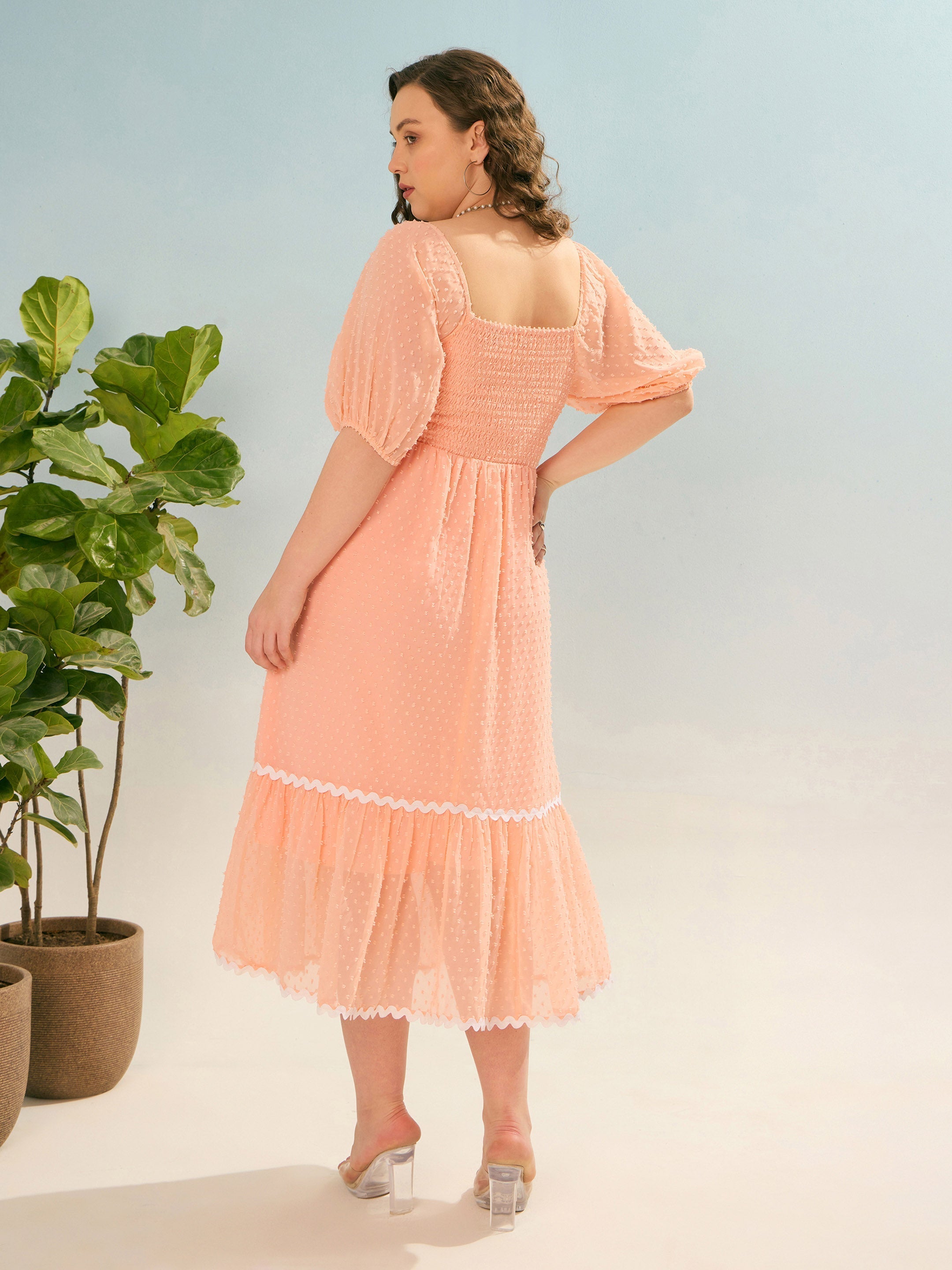 Women Peach Dobby Back Smocking Midi Dress-SFDRSS12933