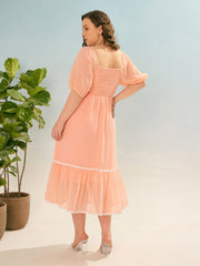 Women Peach Dobby Back Smocking Midi Dress-SFDRSS12933