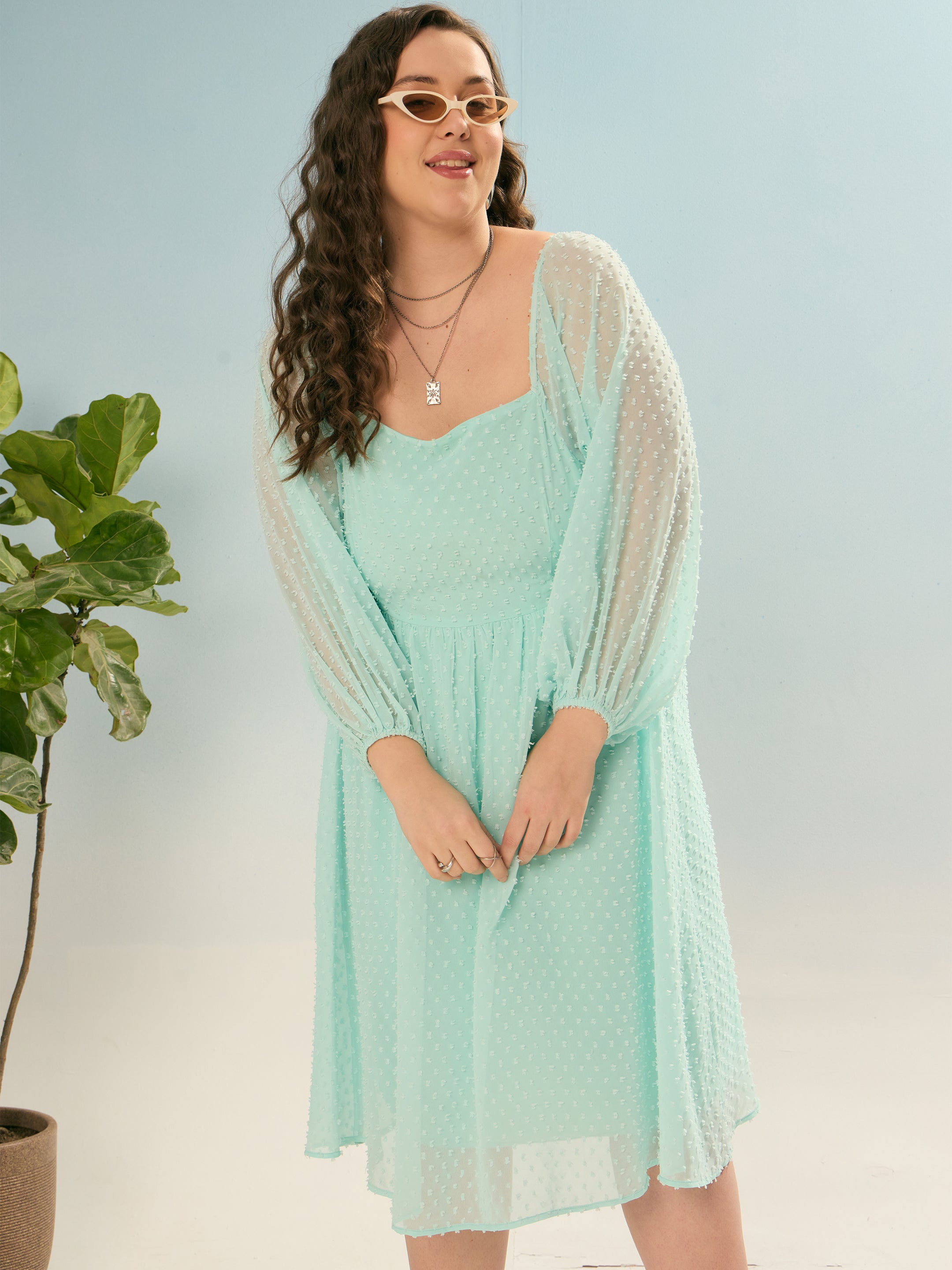 Women Sea Green Dobby Back Smocking Skater Dress-SFDRSS12934