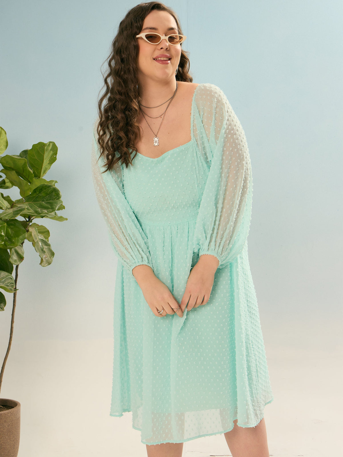 Women Sea Green Dobby Back Smocking Skater Dress-SFDRSS12934