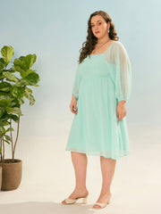 Women Sea Green Dobby Back Smocking Skater Dress-SFDRSS12934