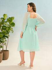 Women Sea Green Dobby Back Smocking Skater Dress-SFDRSS12934