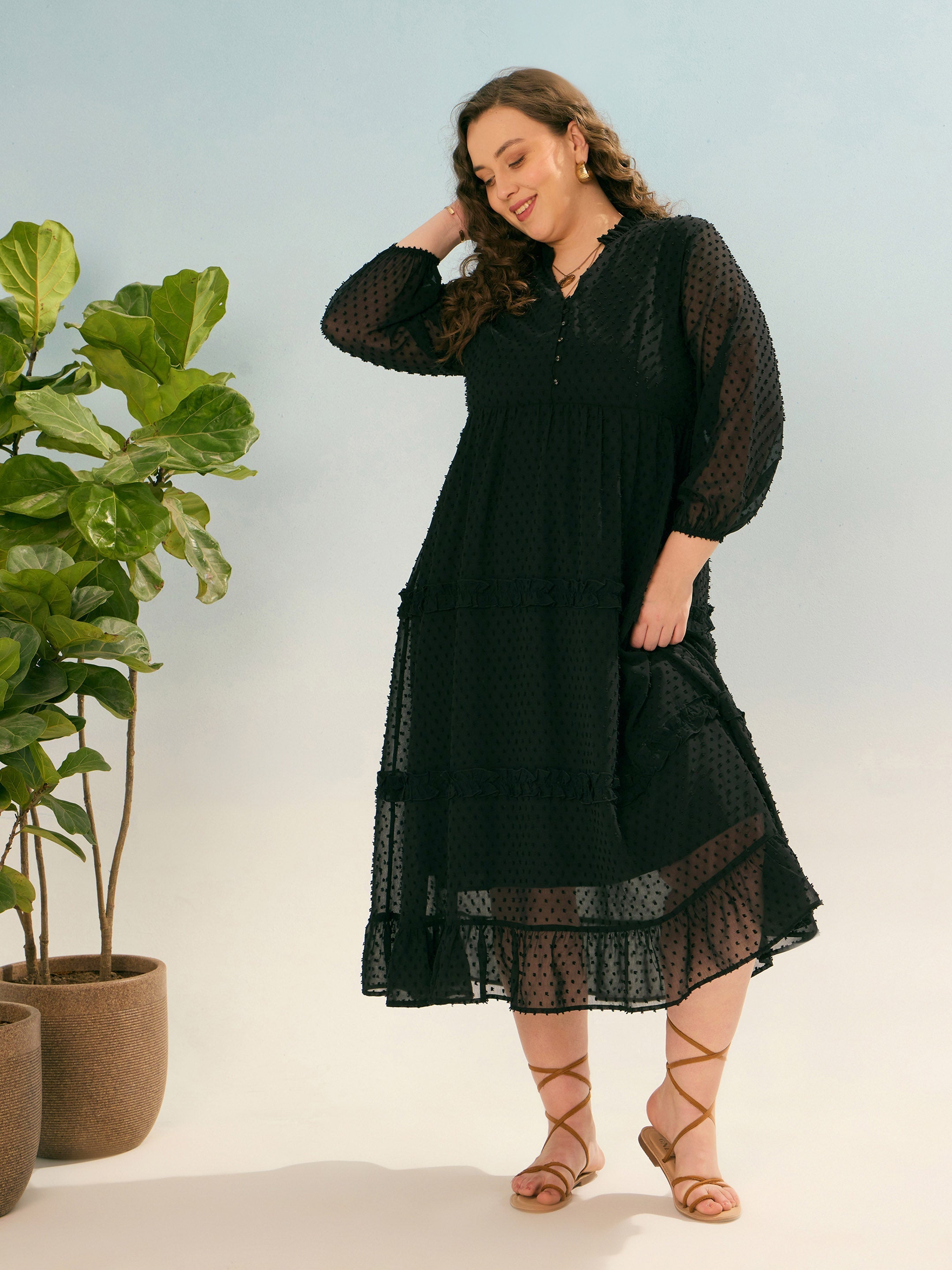 Women Black Dobby V Neck Tiered Maxi Dress-SFDRSS12935