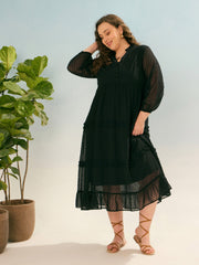Women Black Dobby V Neck Tiered Maxi Dress-SFDRSS12935
