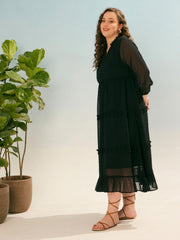 Women Black Dobby V Neck Tiered Maxi Dress-SFDRSS12935
