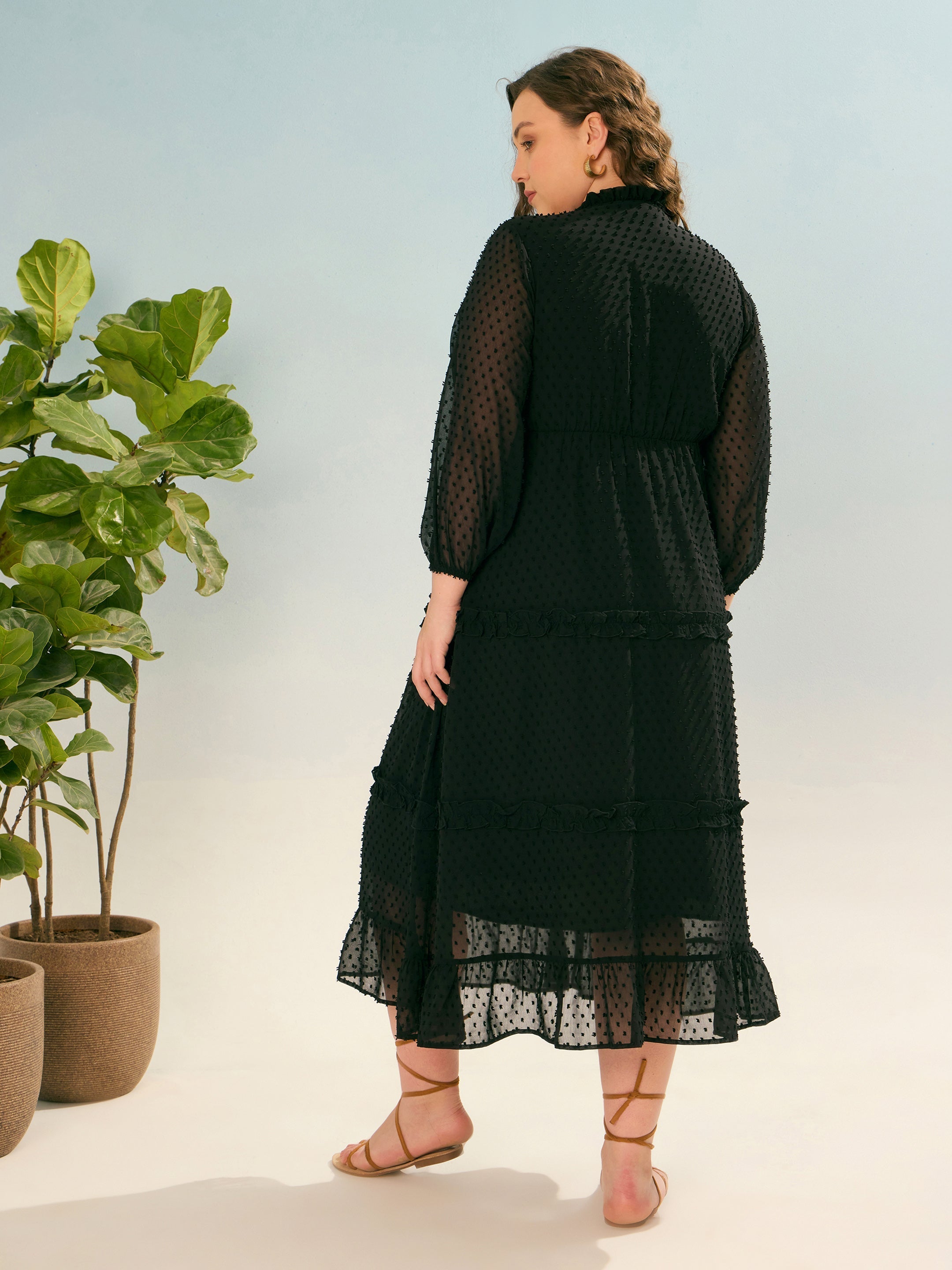 Women Black Dobby V Neck Tiered Maxi Dress-SFDRSS12935