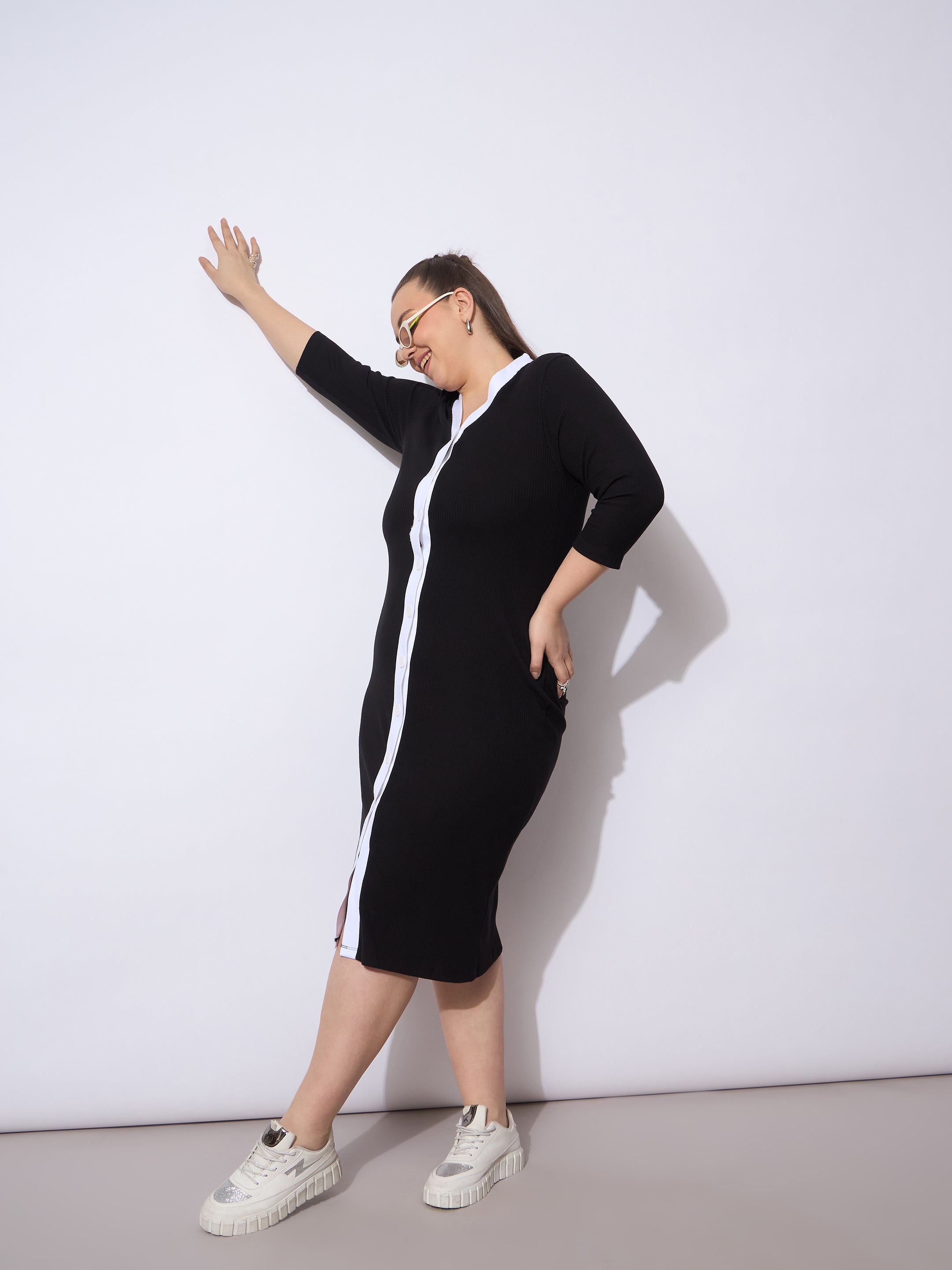 Women Black Rib Contrast Placket Midi Dress-SFDRSS12941