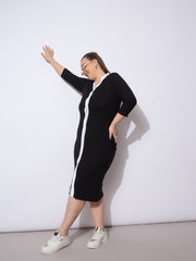 Women Black Rib Contrast Placket Midi Dress-SFDRSS12941