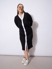 Women Black Rib Contrast Placket Midi Dress-SFDRSS12941