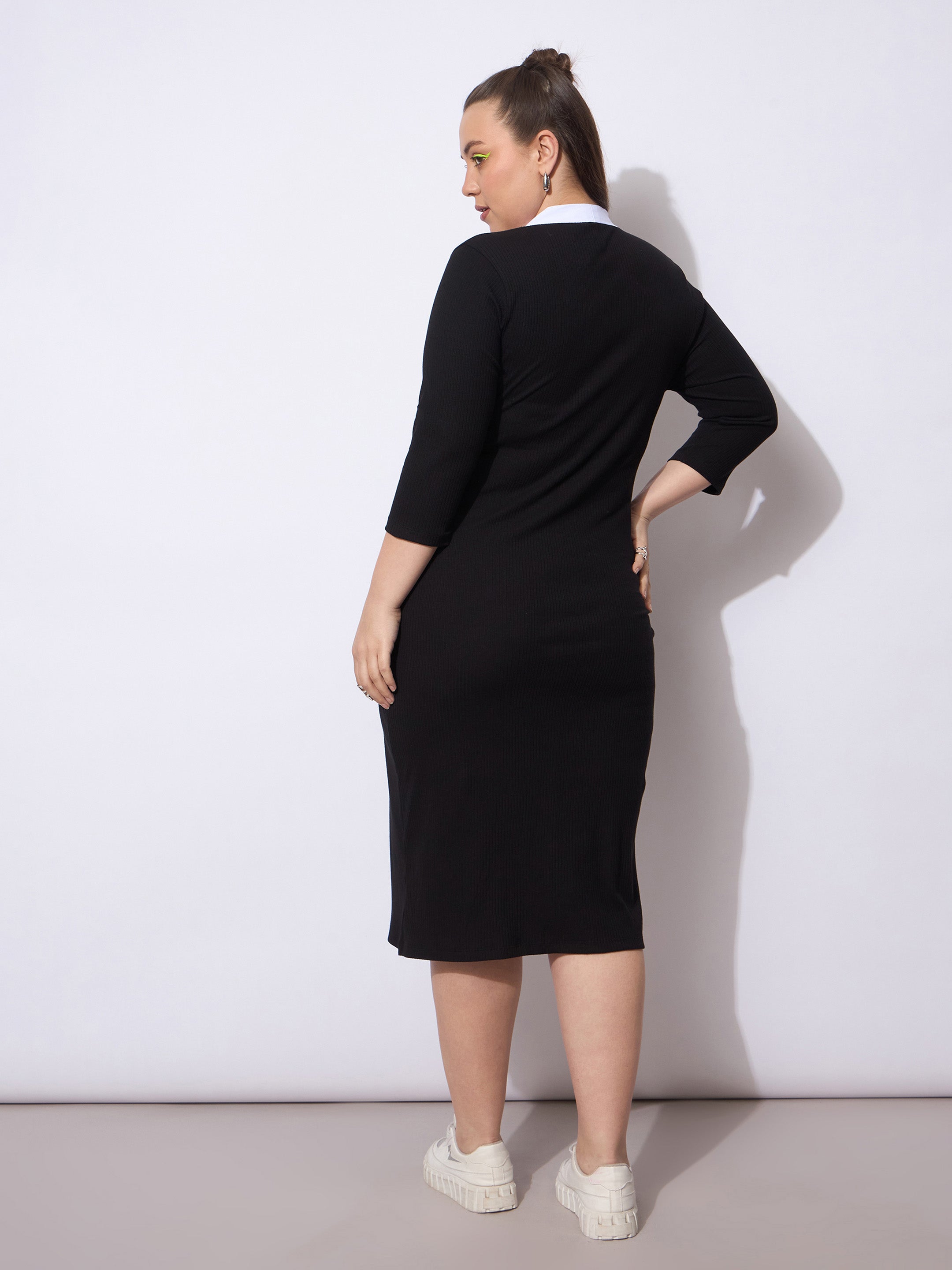 Women Black Rib Contrast Placket Midi Dress-SFDRSS12941