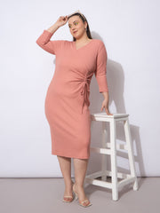Women Pink Rib Side Knot Rouching Midi Dress-SFDRSS12943