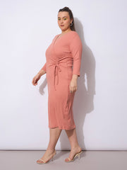 Women Pink Rib Side Knot Rouching Midi Dress-SFDRSS12943