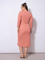 Women Pink Rib Side Knot Rouching Midi Dress-SFDRSS12943