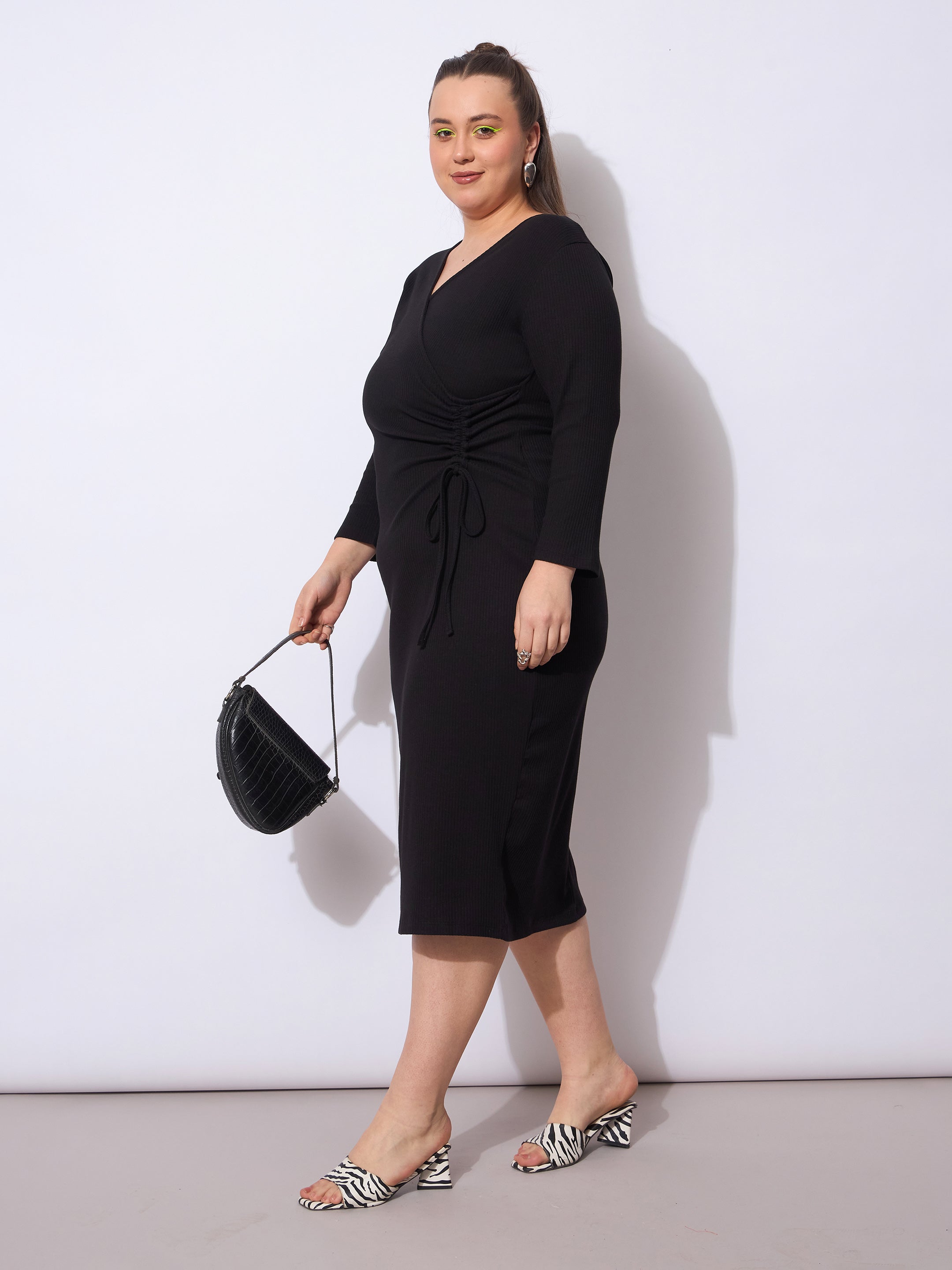 Women Black Rib Side Knot Rouching Midi Dress-SFDRSS12944