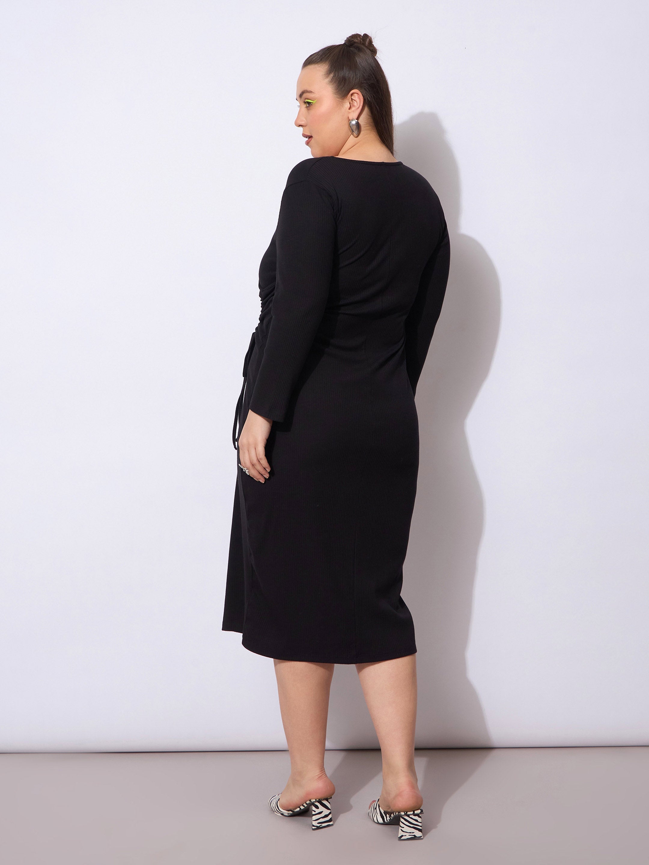 Women Black Rib Side Knot Rouching Midi Dress-SFDRSS12944