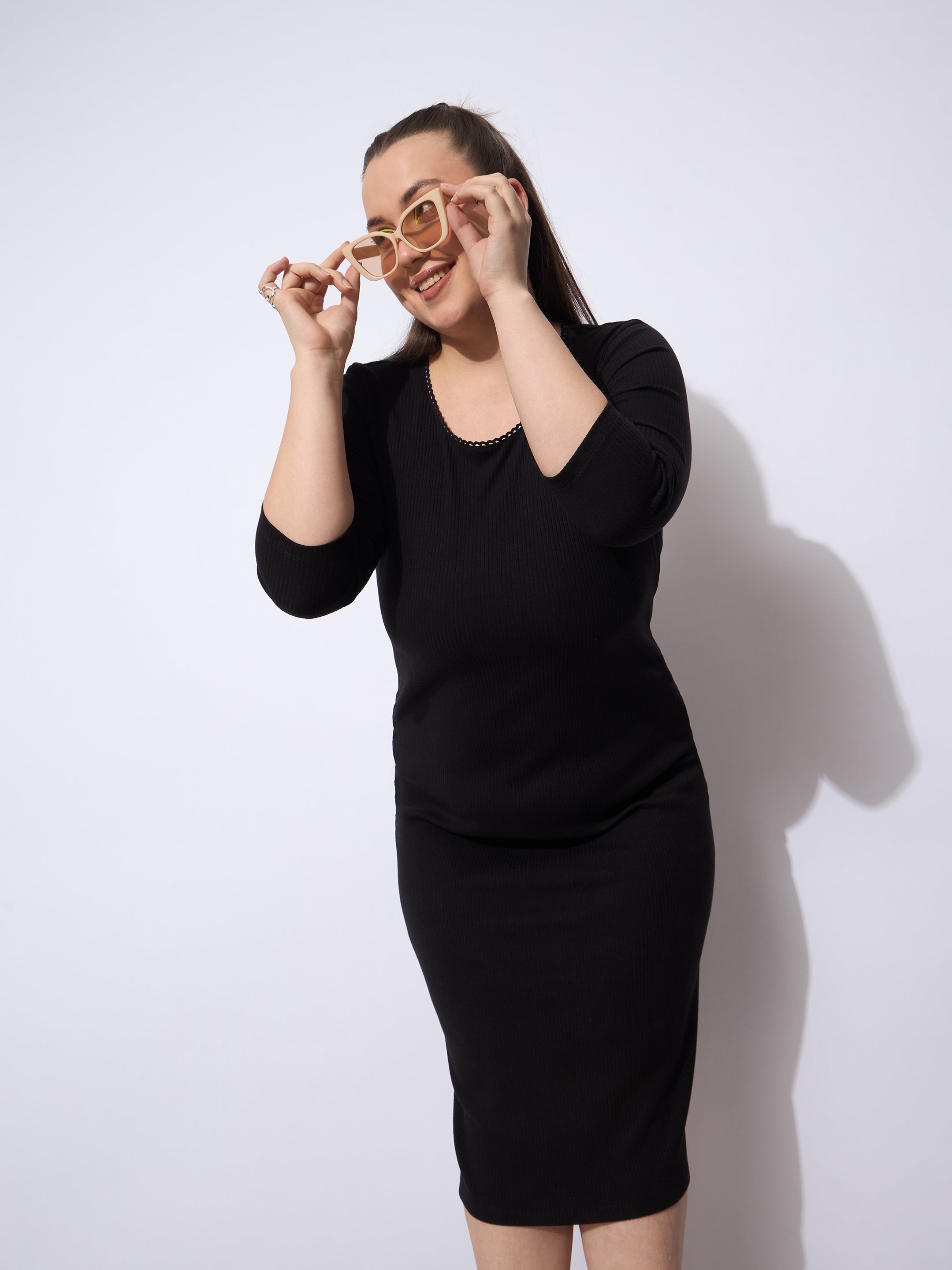 Women Black Rib Round Neck Midi Dress-SFDRSS12945