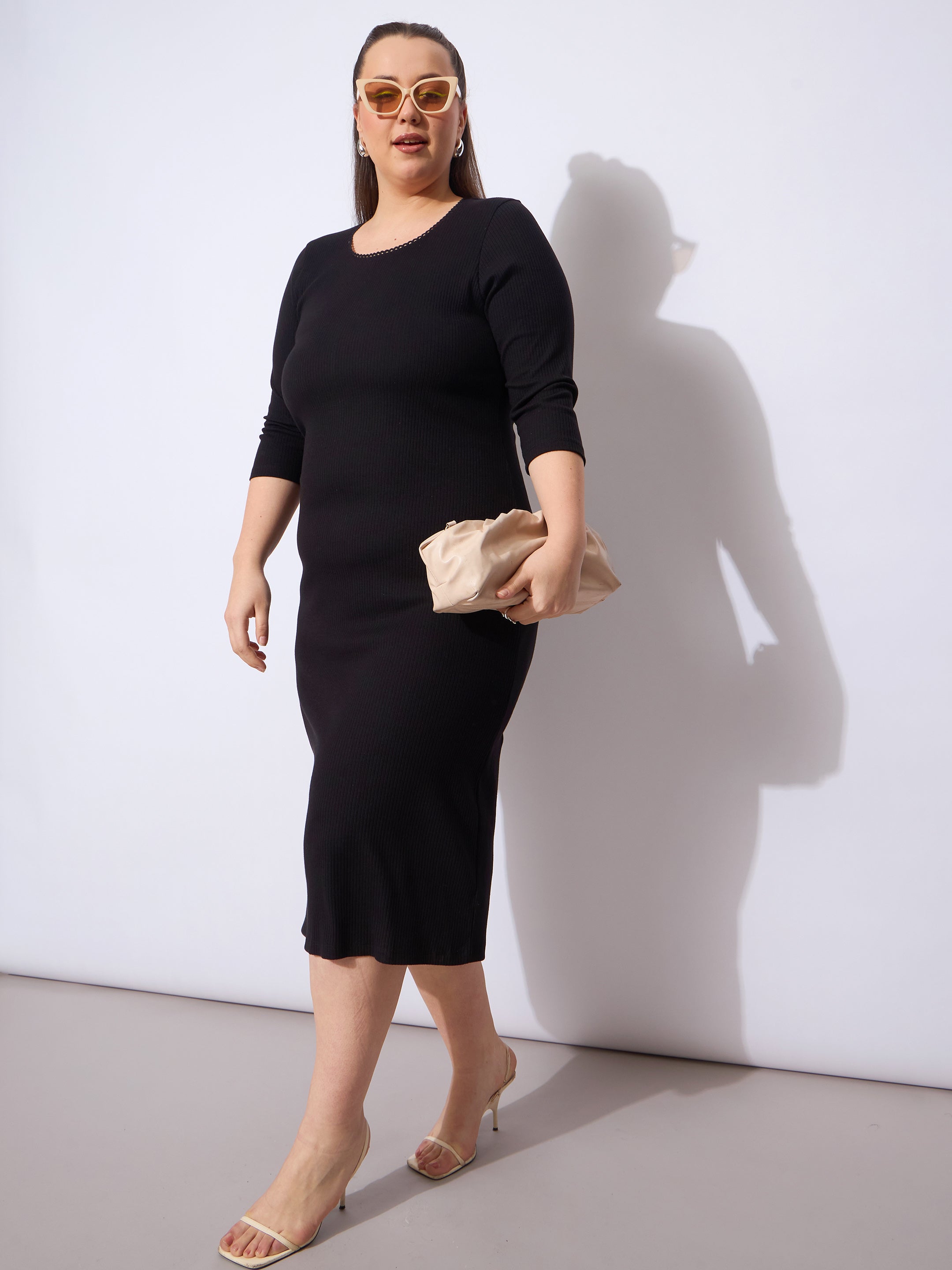 Women Black Rib Round Neck Midi Dress-SFDRSS12945