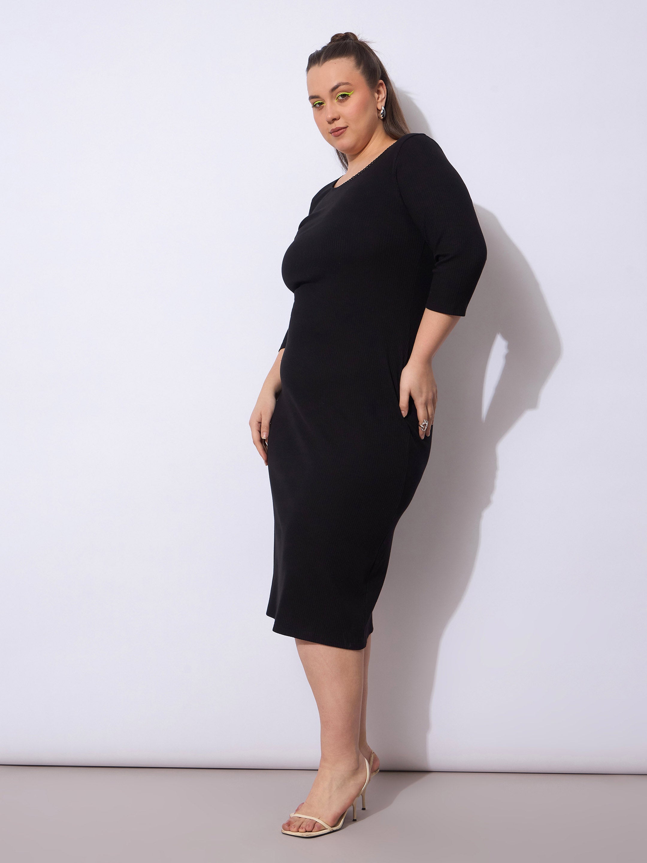 Women Black Rib Round Neck Midi Dress-SFDRSS12945