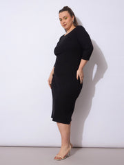 Women Black Rib Round Neck Midi Dress-SFDRSS12945
