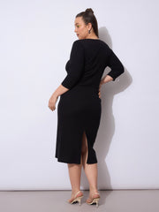 Women Black Rib Round Neck Midi Dress-SFDRSS12945