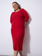Women Red Rib Round Neck Midi Dress-SFDRSS12947