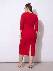 Women Red Rib Round Neck Midi Dress-SFDRSS12947