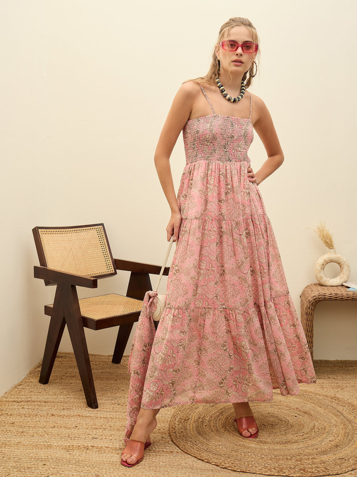 Women Pink Floral Strappy Smocked Maxi Dress-SFDRSS12948