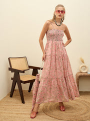 Women Pink Floral Strappy Smocked Maxi Dress-SFDRSS12948