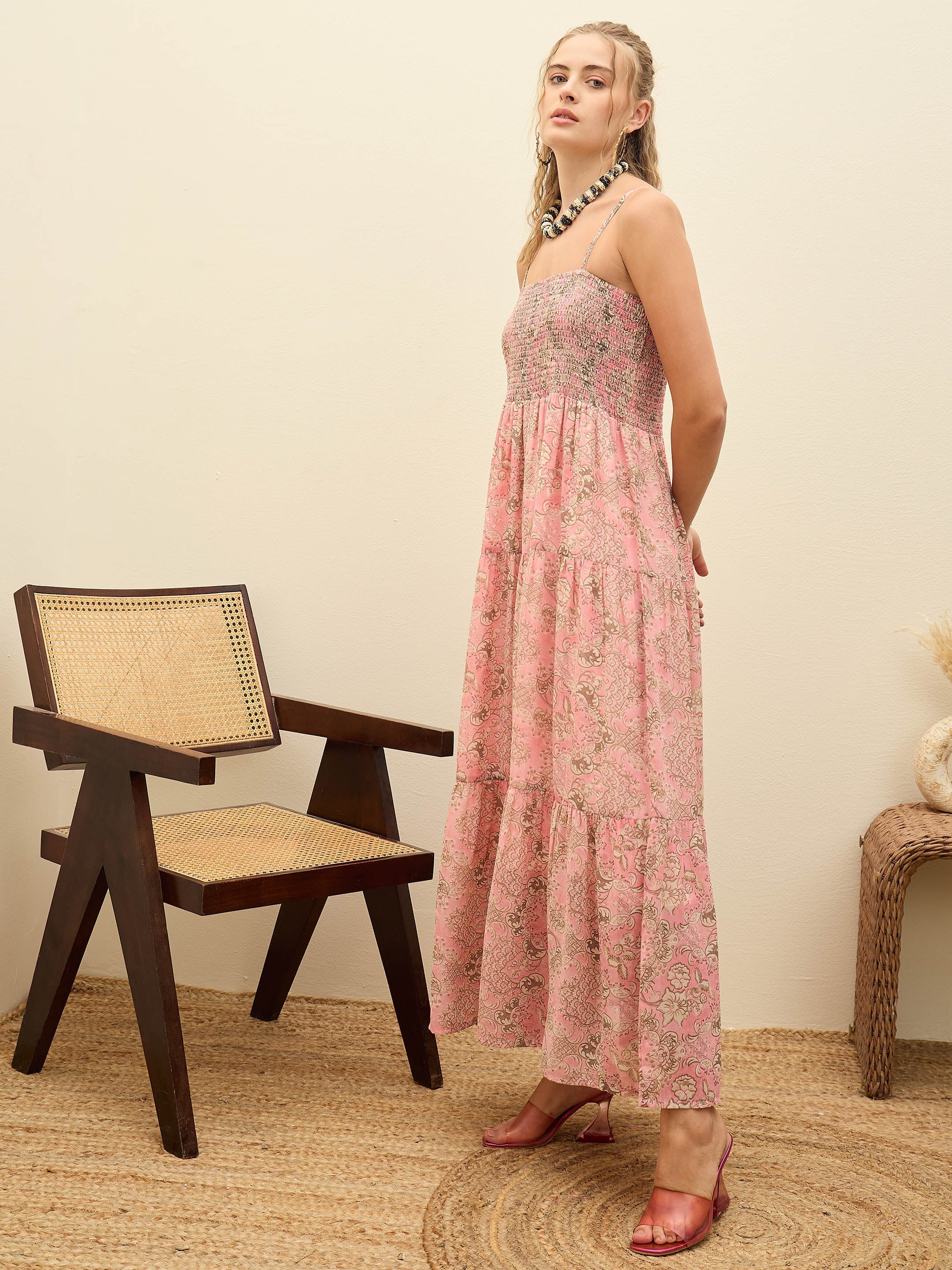 Women Pink Floral Strappy Smocked Maxi Dress-SFDRSS12948