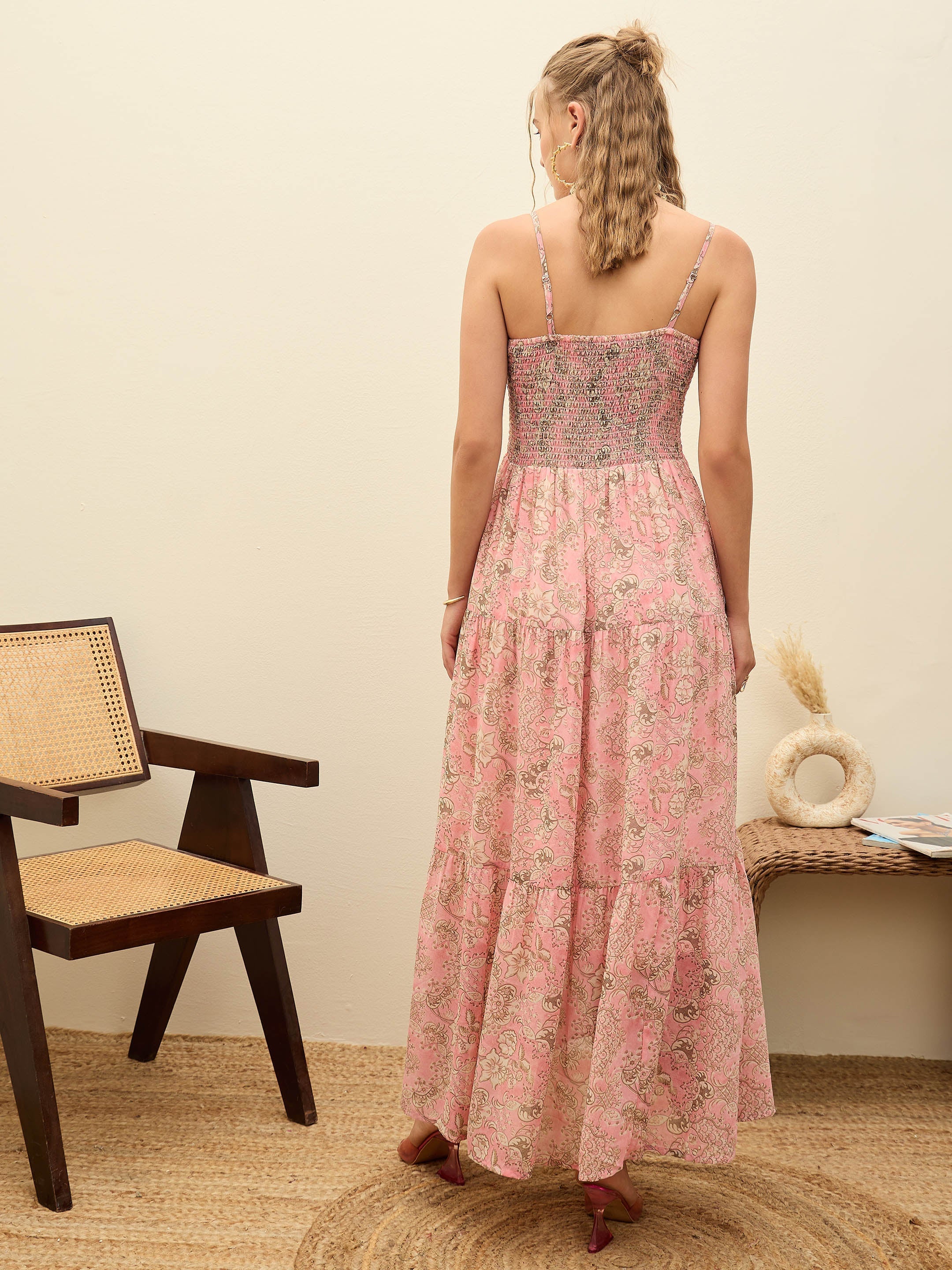 Women Pink Floral Strappy Smocked Maxi Dress-SFDRSS12948