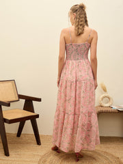 Women Pink Floral Strappy Smocked Maxi Dress-SFDRSS12948