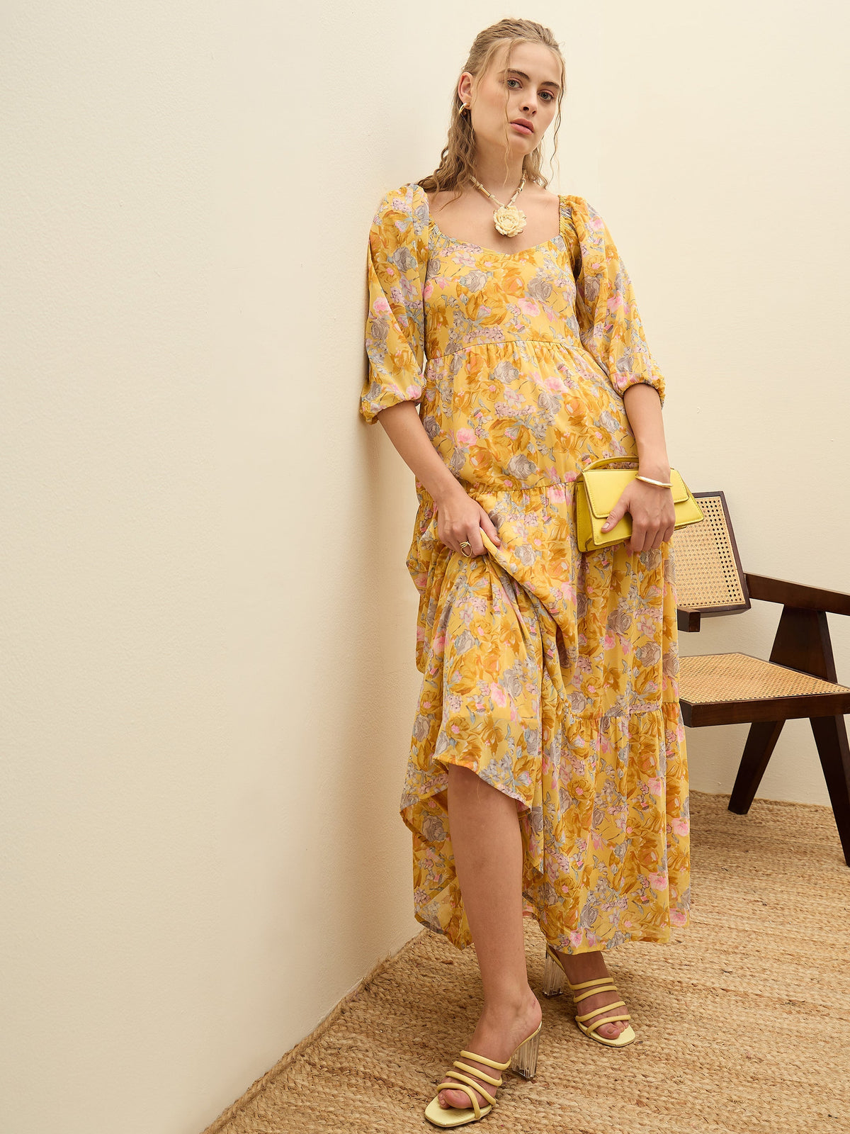 Women Yellow Floral Sweetheart Neck Maxi Dress-SFDRSS12949
