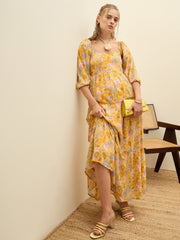 Women Yellow Floral Sweetheart Neck Maxi Dress-SFDRSS12949