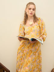 Women Yellow Floral Sweetheart Neck Maxi Dress-SFDRSS12949