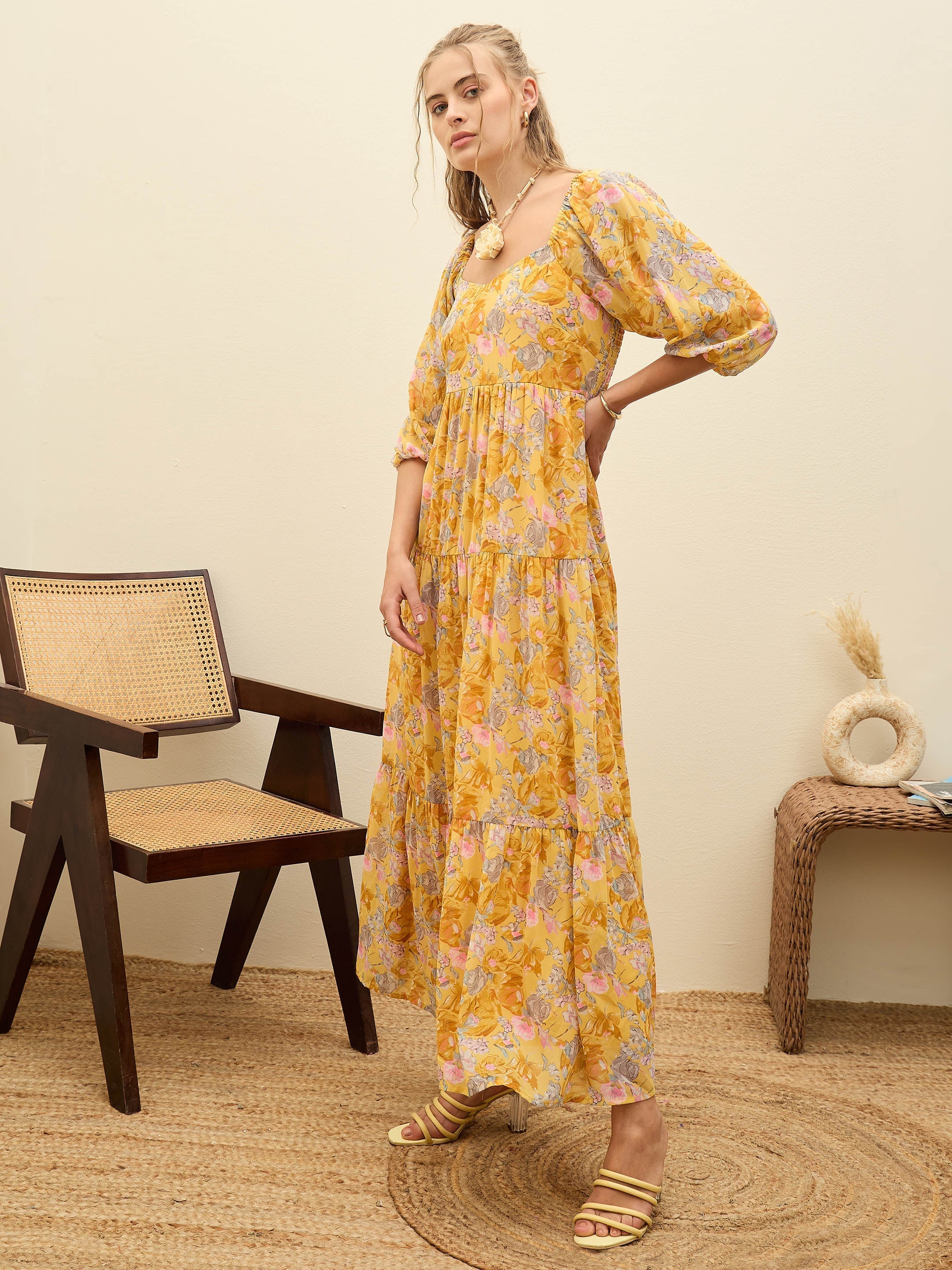 Women Yellow Floral Sweetheart Neck Maxi Dress-SFDRSS12949