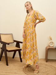 Women Yellow Floral Sweetheart Neck Maxi Dress-SFDRSS12949
