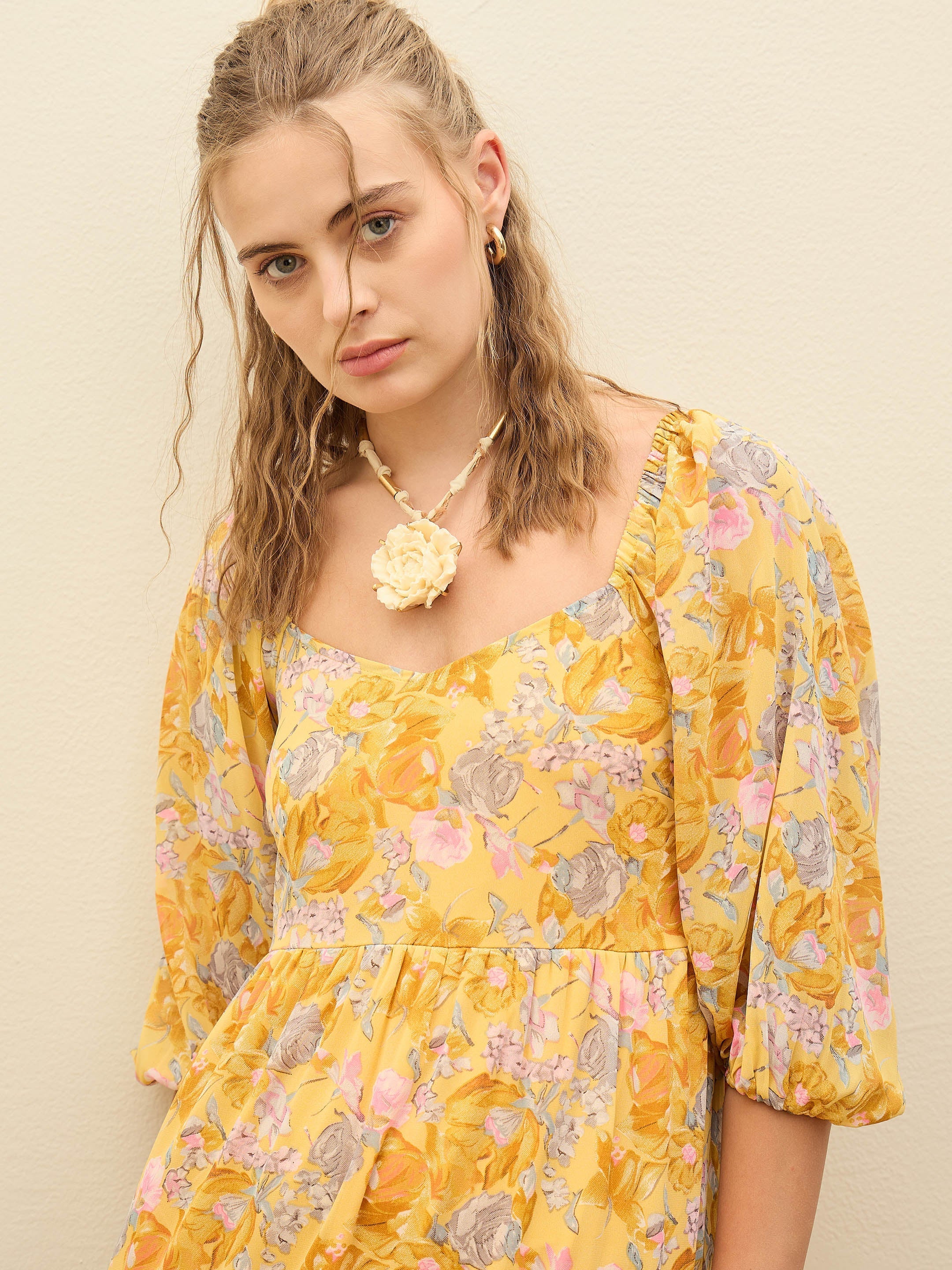 Women Yellow Floral Sweetheart Neck Maxi Dress-SFDRSS12949