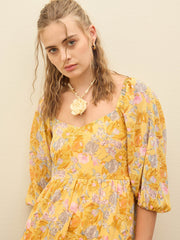 Women Yellow Floral Sweetheart Neck Maxi Dress-SFDRSS12949