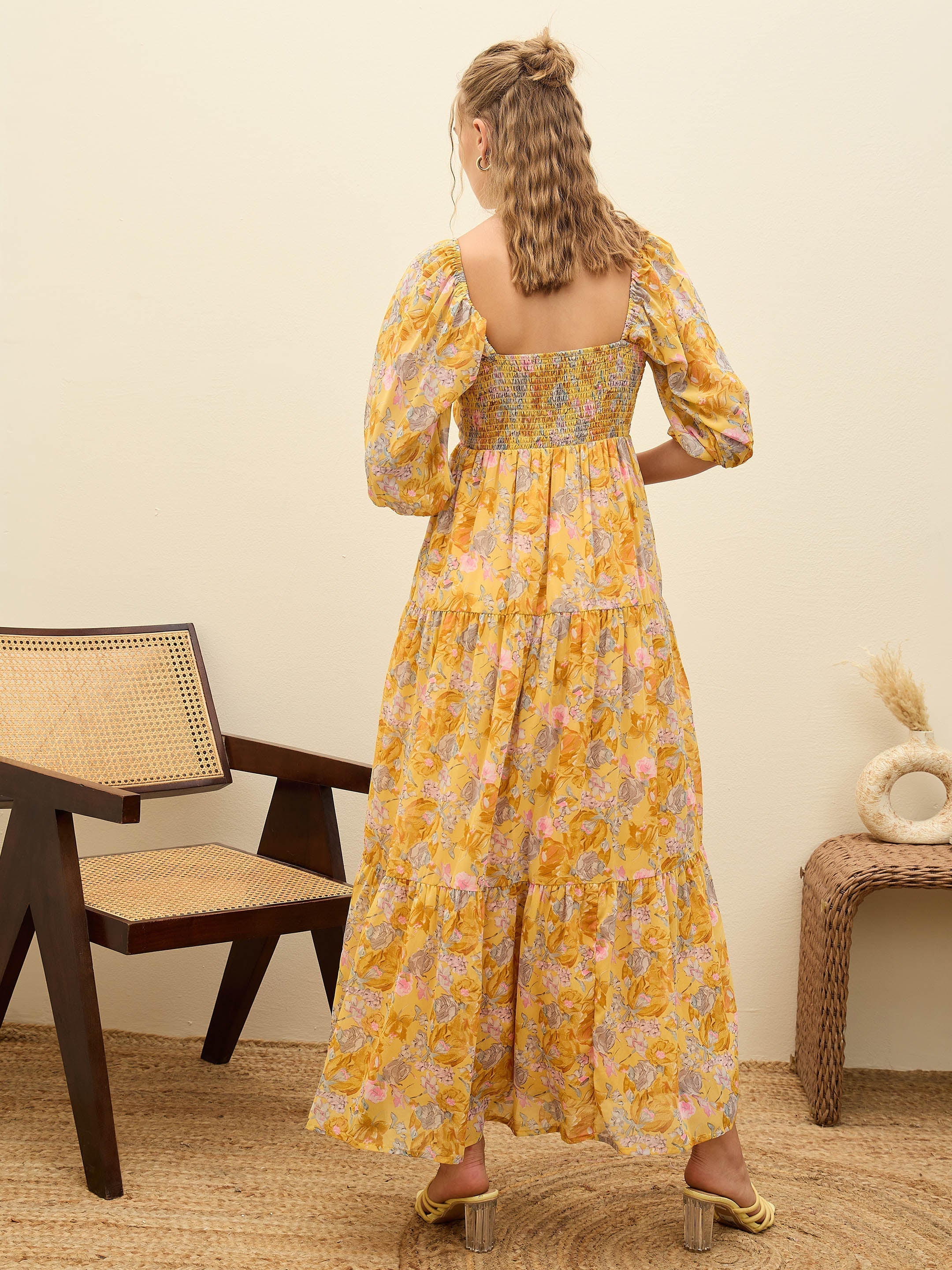Women Yellow Floral Sweetheart Neck Maxi Dress-SFDRSS12949