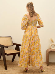 Women Yellow Floral Sweetheart Neck Maxi Dress-SFDRSS12949