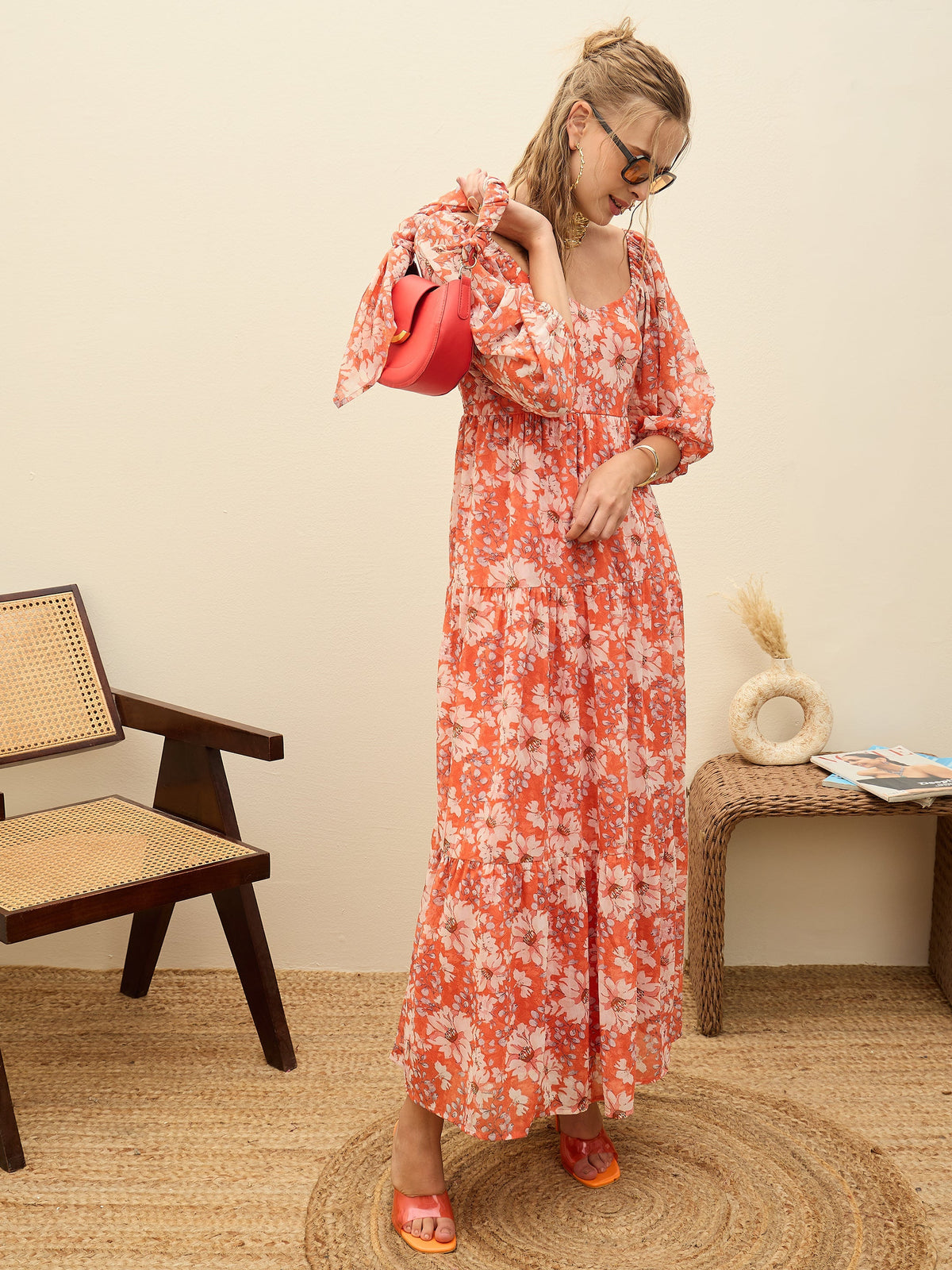 Women Red Floral Sweetheart Neck Maxi Dress-SFDRSS12950