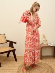 Women Red Floral Sweetheart Neck Maxi Dress-SFDRSS12950