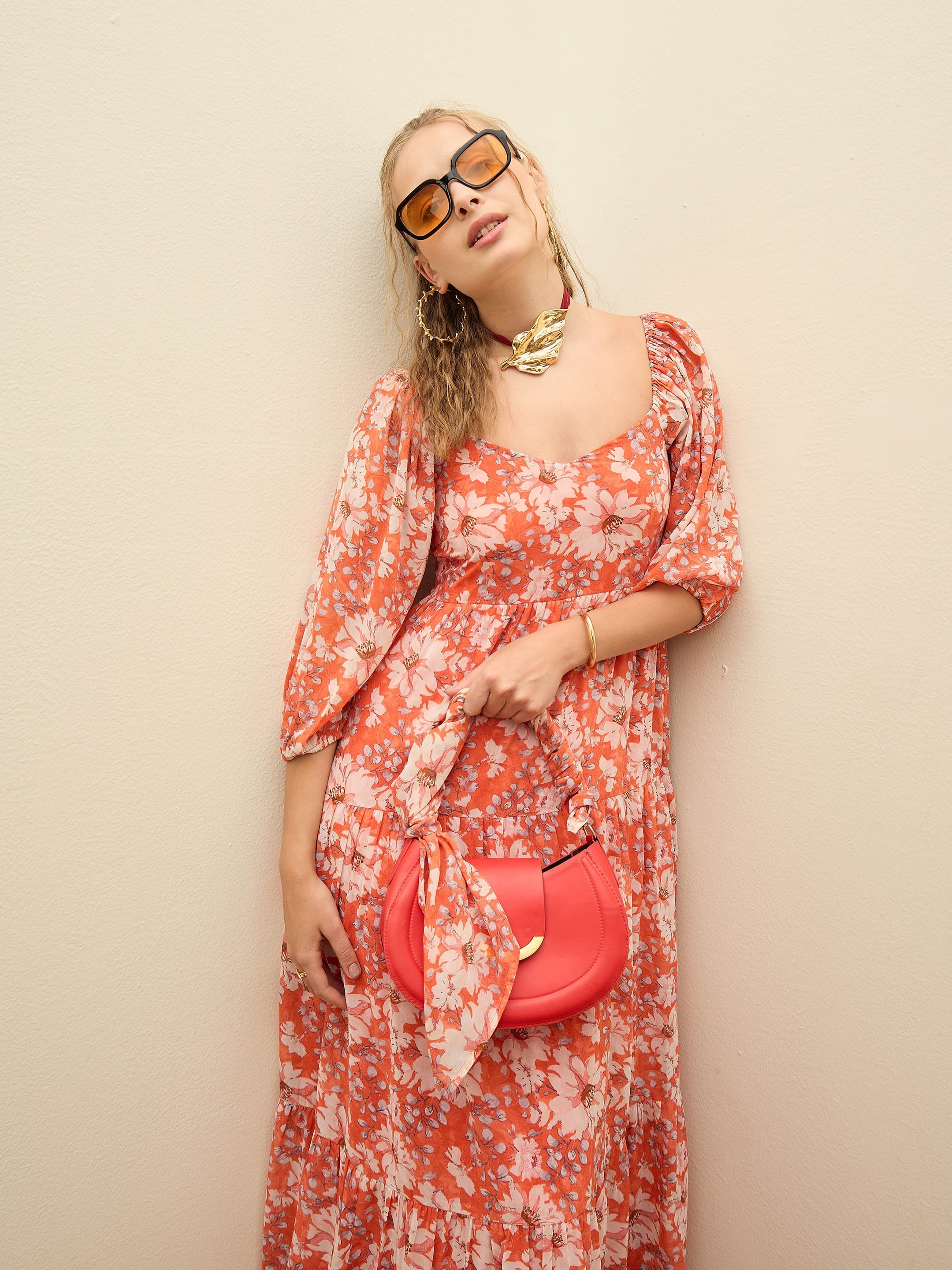 Women Red Floral Sweetheart Neck Maxi Dress-SFDRSS12950