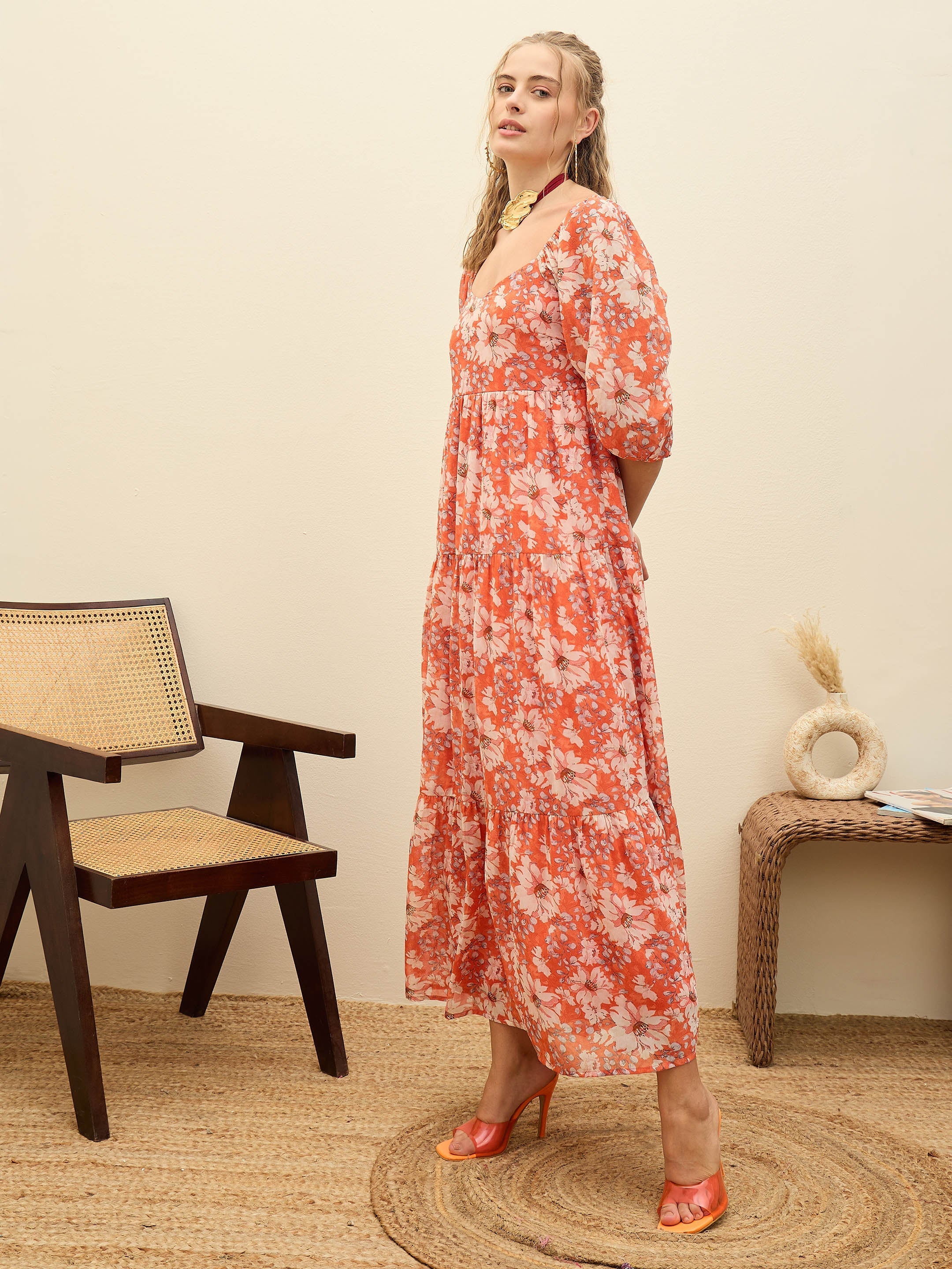 Women Red Floral Sweetheart Neck Maxi Dress-SFDRSS12950