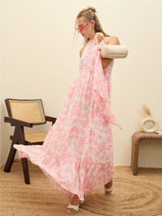Women White Floral Halter-Neck Maxi Dress-SFDRSS12951