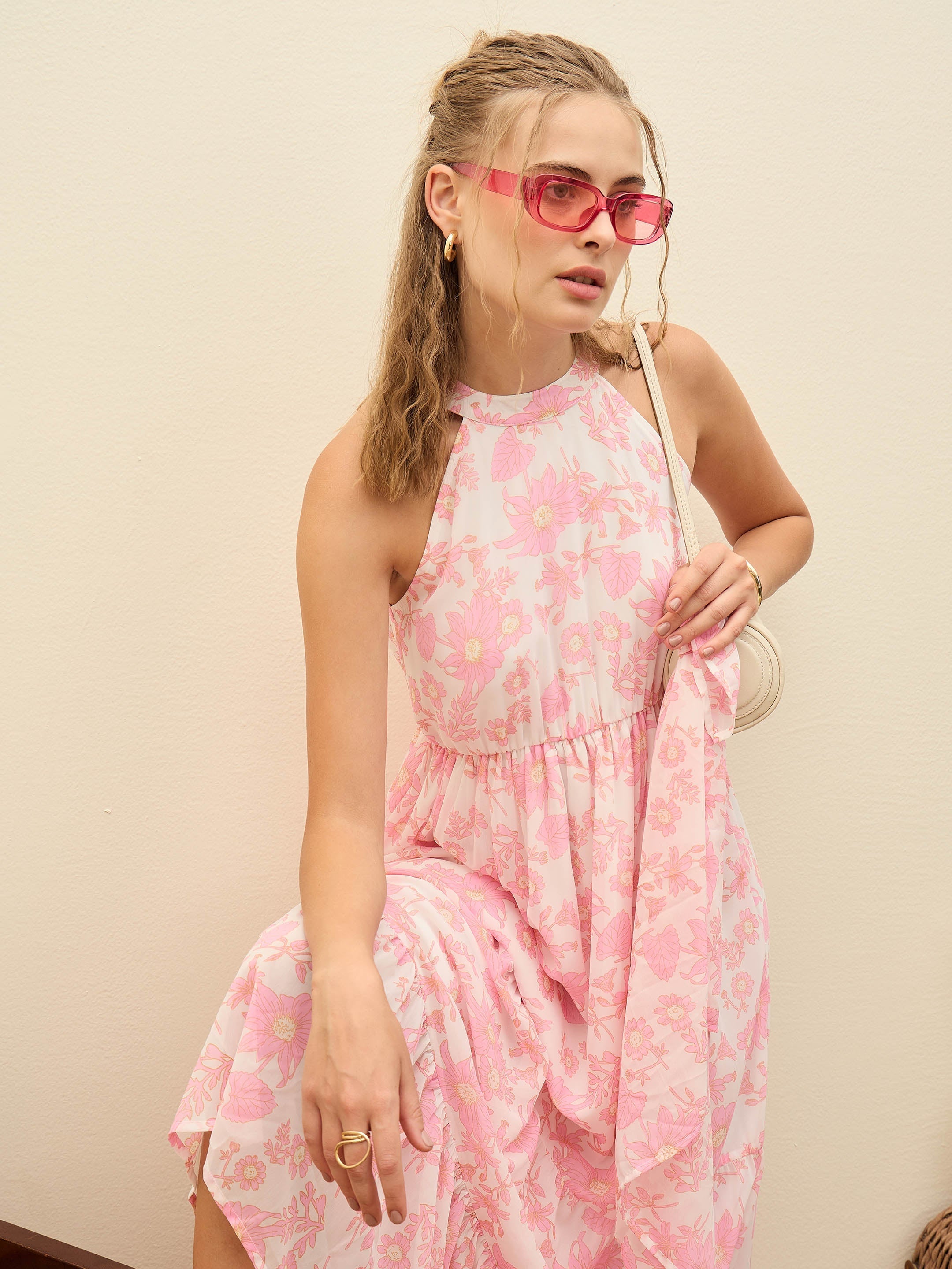 Women White Floral Halter-Neck Maxi Dress-SFDRSS12951